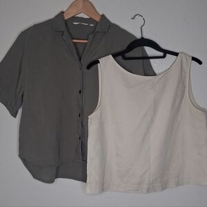 Uniqlo Linen Blend Bundle - 2 Green Button Up Short Slv Sz S  Cream Tank Top XS